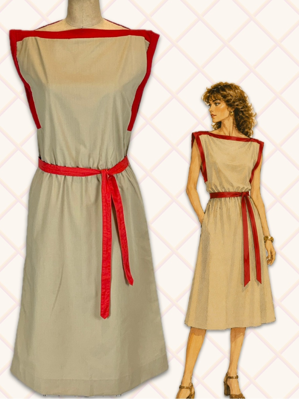 VINTAGE sporty boatneck midi dress khaki cotton sleeveless boxy red tan 80s 70s